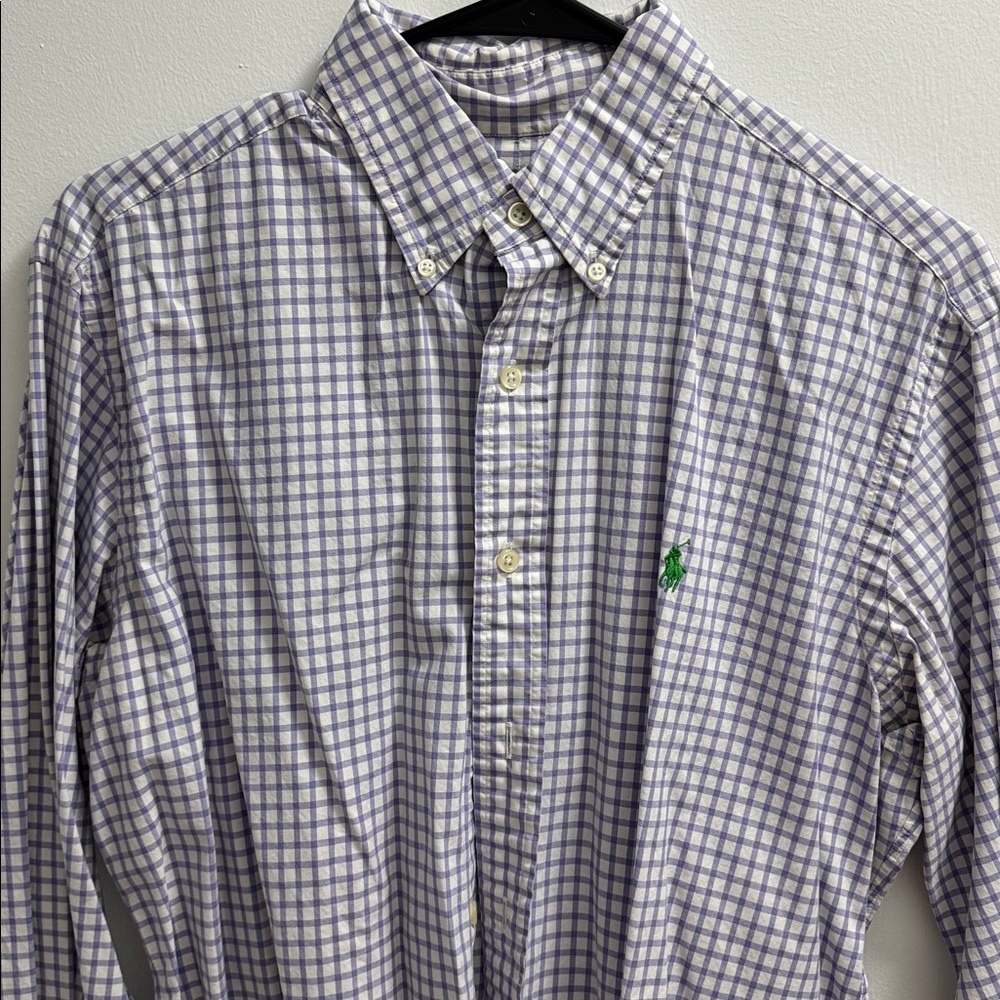 Purple Button-Down Shirt with Green Polo Logo